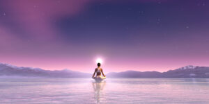 Beautiful,aurora,universe,with,milky,way,,and,meditating,woman,in